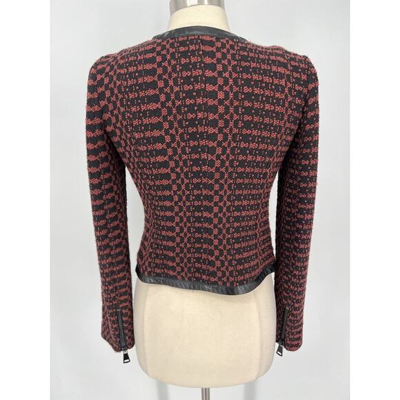 Tracy Reese Anthropologie Motto Zip Tweed Leather Trim Red Black Jacket Blazer 2 - Picture 7 of 16